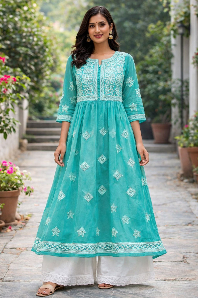 Teal Blue Chiffon Anarkali